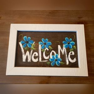 Hand Painted Welcome with Blue Flowers Framed Wall Art